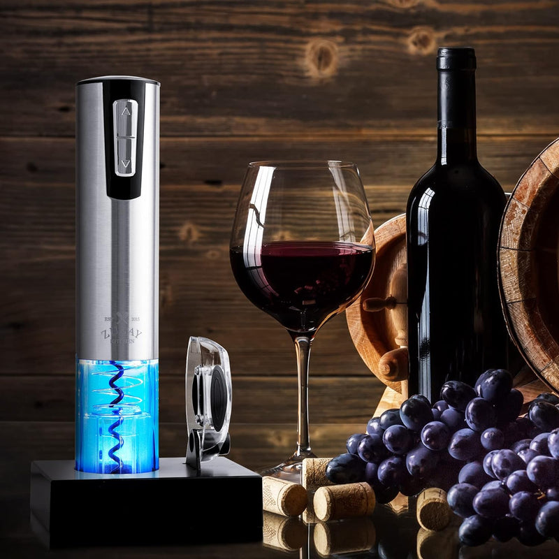Zulay Electric Wine Opener With Charging Base and Foil Cutter - Stainless Steel Automatic Wine Bottle Opener - Rechargeable Electric Wine Bottle Opener - Wine Opener Electric Corkscrew Opener