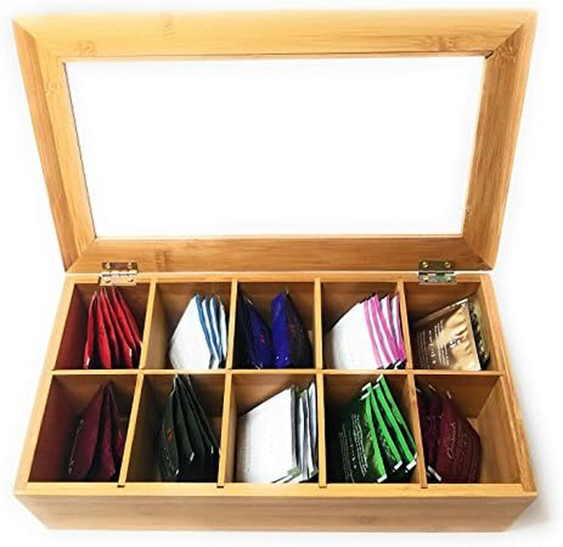 Bamboo Tea Storage Box Tea Bag Organizer or Kitchen Condiment Holder Perfect for Tea Lovers Countertop (14.5" x 8" x 4")