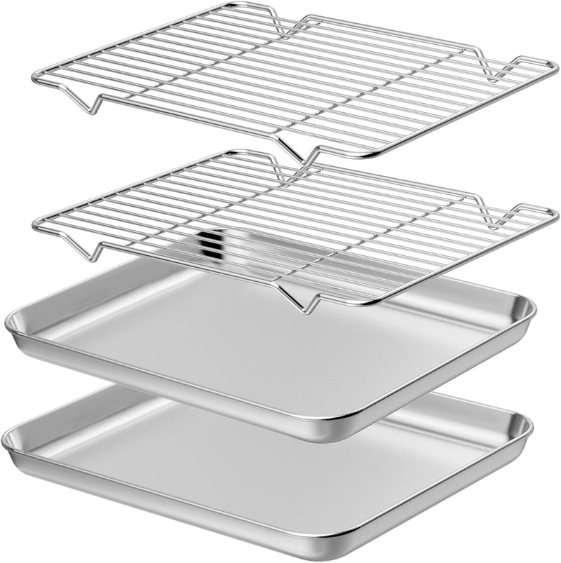 Wildone Baking Sheet & Rack Set [2 Sheets + 2 Racks], Stainless Steel Cookie Pan with Cooling Rack, Size 16 x 12 x 1 Inch, Non Toxic & Heavy Duty & Easy Clean