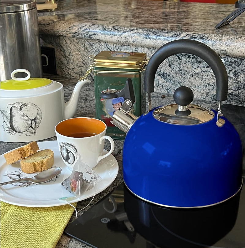 Lily's Home 2 Quart Stainless Steel Whistling Tea Kettle, the Perfect Stovetop Tea and Water Boilers for Your Home, Dorm, Condo or Apartment. (Blue)