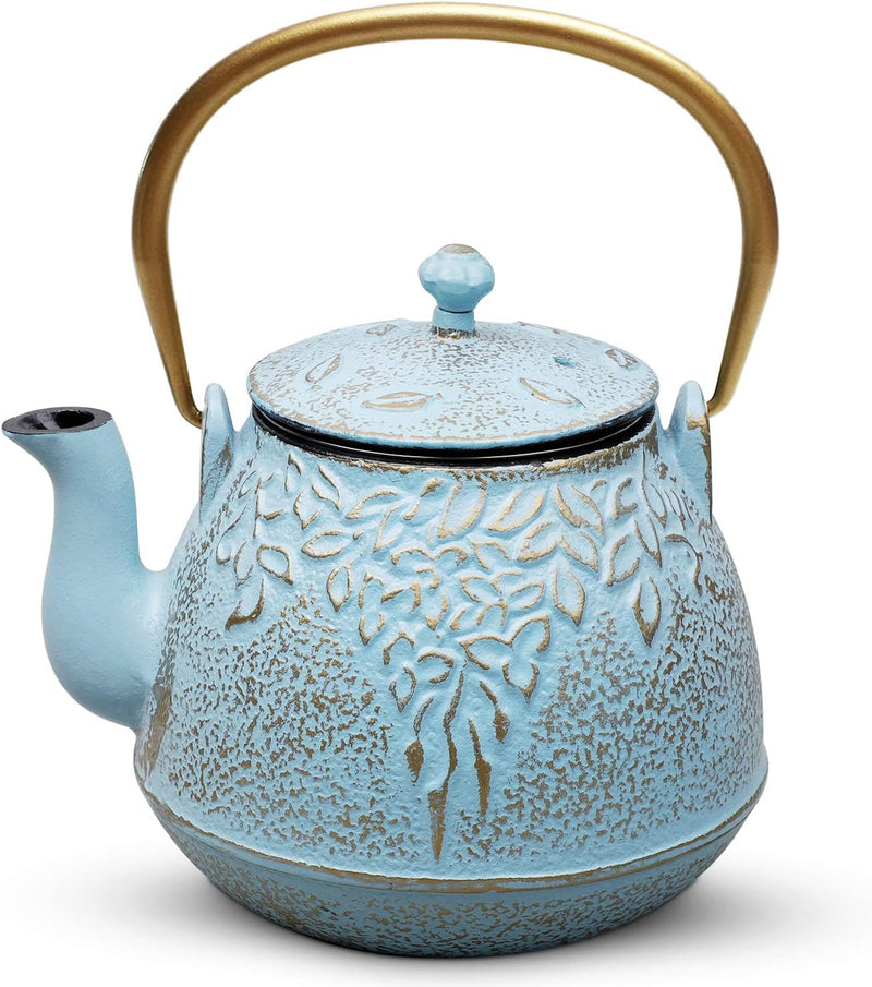 TOPTIER Japanese Teapot with Stainless Steel Infuser, Cast Iron Tea Kettle Stovetop Safe, Leaf Design Coated with Enameled Interior for 32 Ounce (950 ml), Light Green