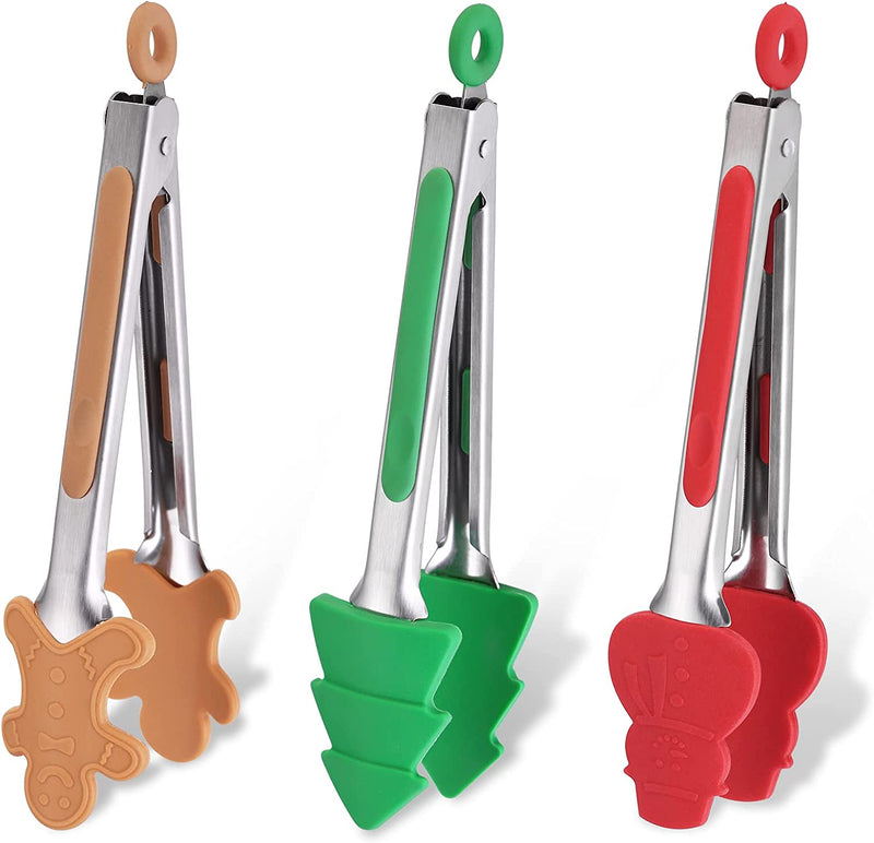 OIULO 3PCS Christmas Silicone Mini Tongs,7 Inch Small Style Tongs For Cooking,Small Kids Colourful Tongs Serving Food,Ice Cube,fruits,Sugar,Festival Set of 3（Christmas Tree Snowman Gingerbread Man）