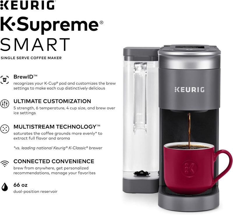 Keurig K-Supreme SMART Coffee Maker, MultiStream Technology, Brews 6-12oz Cup Sizes, Gray