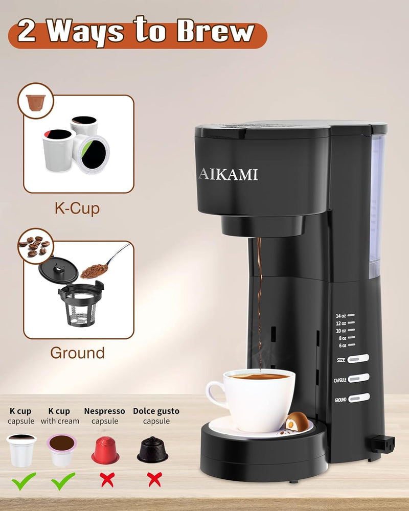 4 IN 1 Mini Coffee Maker Single Serve with Milk Frother and Coffee Grinder, Coffee Makers for K Cup & Ground, 6 to 14 Oz Brew Sizes, Coffee Machine with Water Window and Descaling Reminder, Black