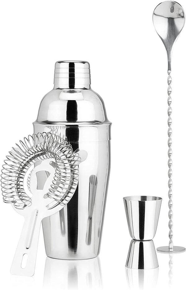 True Bar Drink Mixer Set, 19oz 4-piece Cocktail Shaker Set Bartender Kit, Bar Cocktail Sets, Cocktail Shaker Kit, Barware Tool Sets, Bar Accessories for the Home Bar Set (Stainless Steel)