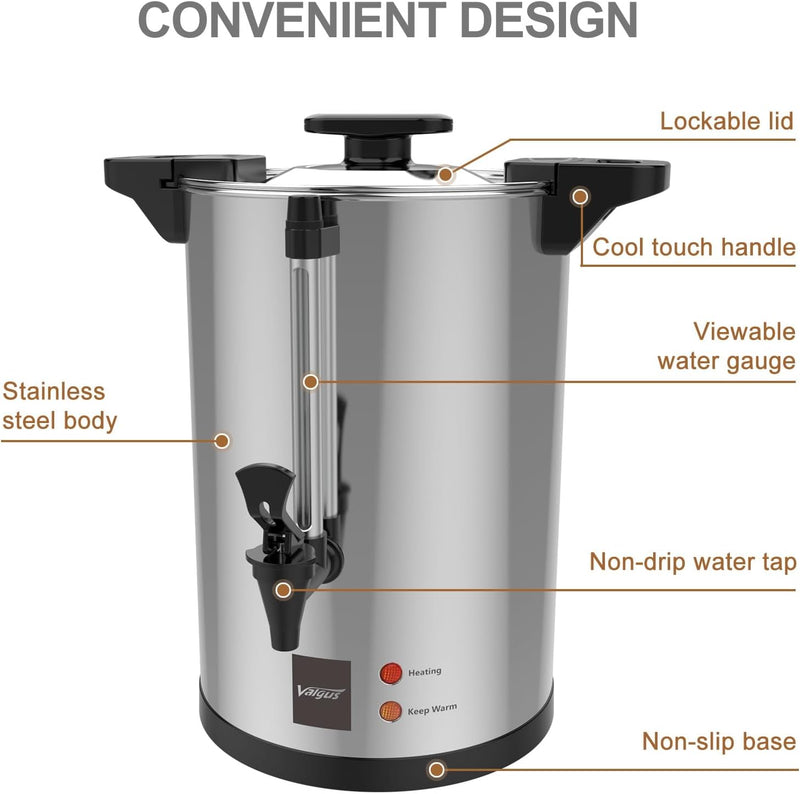 Valgus Commercial Stainless Steel Coffee Urn 135-Cup 20L Large Capacity Coffee Maker Hot Water Urn with Percolator Automatic Temperature Control for Large Events, Parties, Weddings