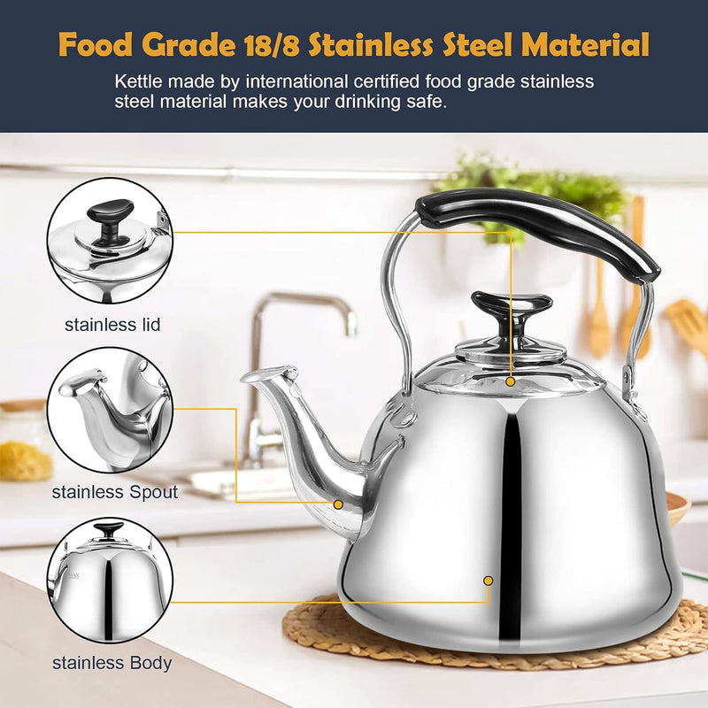 Tea Kettle Stovetop Whistling Teakettle Classic Teapot Stainless Steel Tea Pots for Stove Top with Thin Fast Heating Base, Mirror Finish, 2 liters