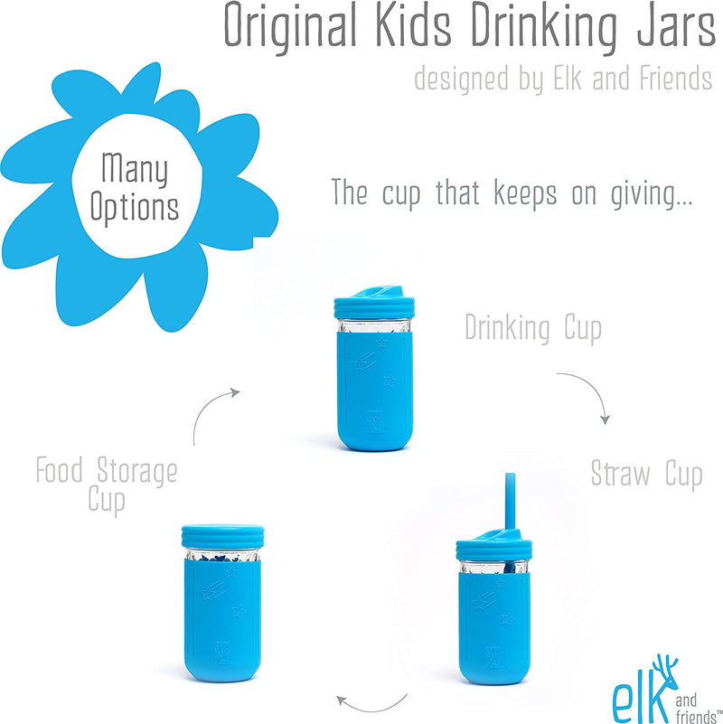 Elk and Friends Smoothie Cups For Kids & Toddler | The Original Glass Mason Jars 12 oz with Silicone Sleeves & Straws |Spill Proof|