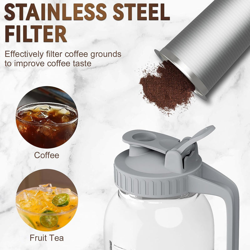 OneDream Cold Brew Coffee Maker - 32oz Grey Stainless Steel Filter Cold Brew Mason Jar, No Leaks Cold Brew Mason Jar Coffee Maker, Easy to Clean Cold Coffee Maker