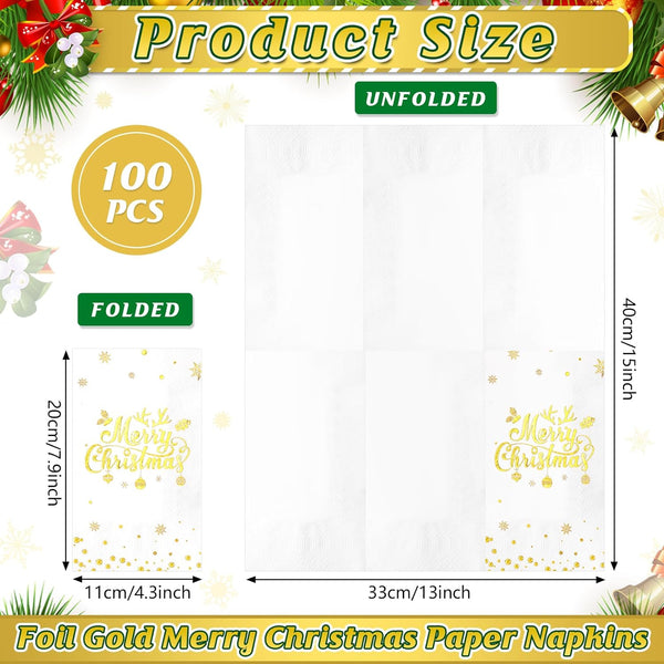 100Pcs Merry Christmas Napkins, White Gold Foil Disposable Paper Napkins, Paper Cocktail Napkins Hand Towels for Christmas Dinner Winter Holiday Party Decorations and Supplies, 7.9 x 4.3 Inch