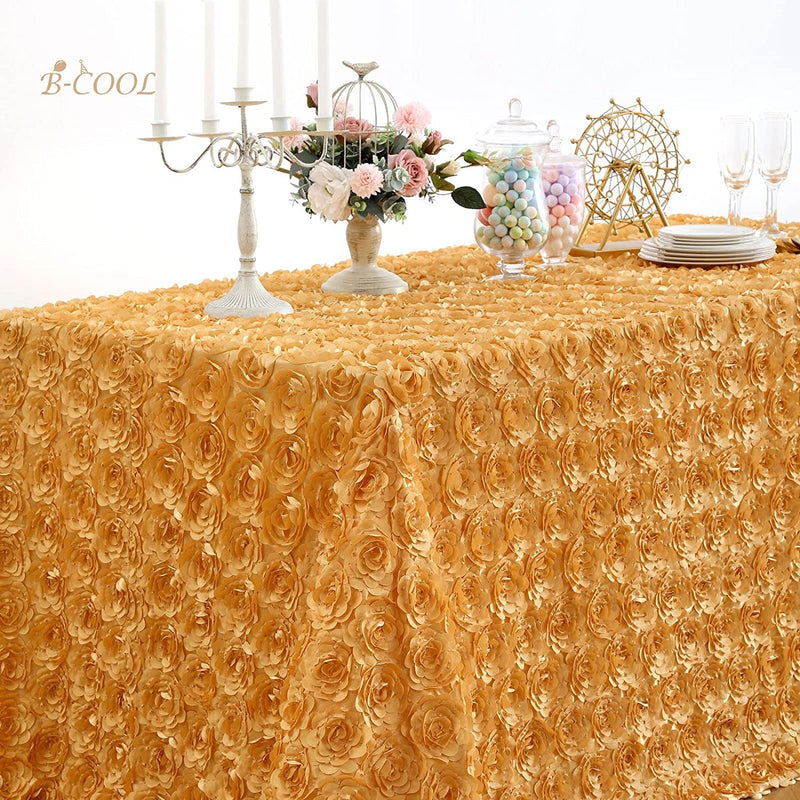 Gold 3D Satin Tablecloth - 60X102 Floral Table Cover for Wedding or Baby Shower