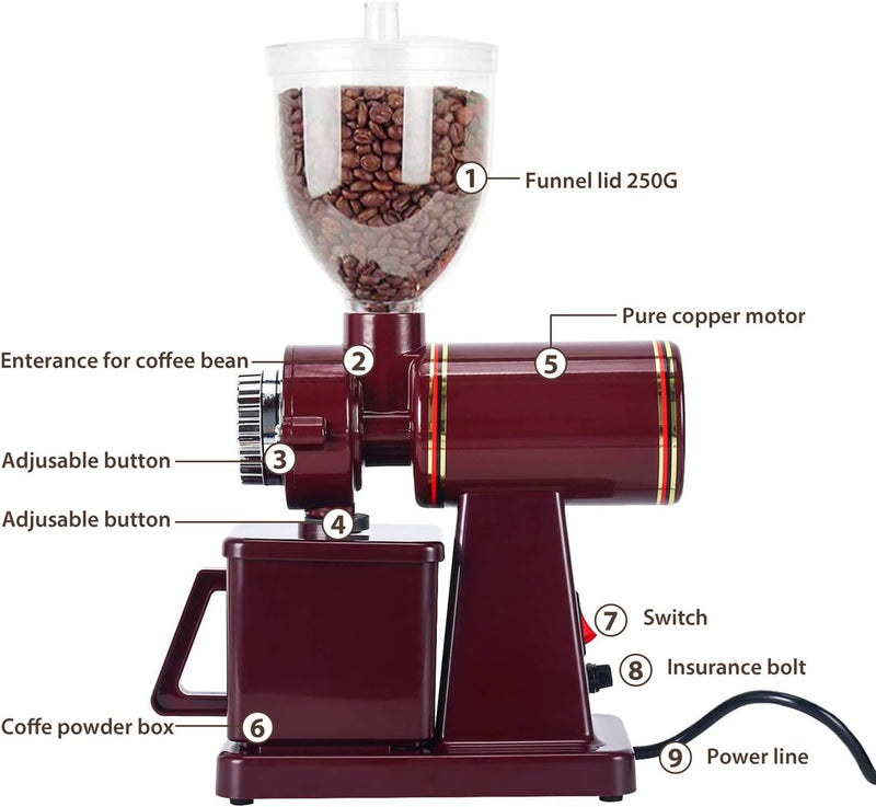 RRH Burr Coffee Grinders, Professional Electric Coffee Grinder, Automatic Burr Mill Grinder, 250g Coffee Bean Powder Grinding Machine 110V, Red