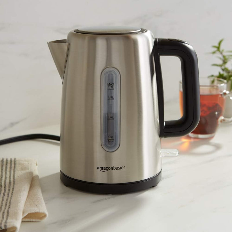 Amazon Basics Stainless Steel Fast, Portable Electric Hot Water Kettle for Tea and Coffee, 1.7-Liter, Black and Sliver