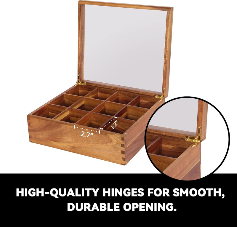 KITEISCAT Acacia Wood Tea Bag Organizer: 12-Compartment Multi-Functional Tea Box and Storage Organizer for Tea Bags