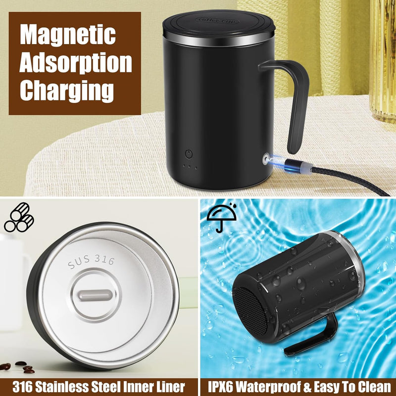 Jahy2Tech Self Stirring Coffee Mug Rechargeable Automatic Magnetic Mixing Cup with 2 Stir Bars,13 oz Electric Mixing Cup Auto Mixer Cup for Home Office Travel Coffee Milk Cocoa Best Gifts(Black)