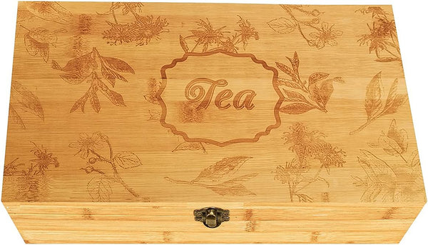 Beyond Your Thoughts Bamboo Tea Box Father's Day Gift Tea Chest Adjustable 16 Compartments Tea Storage Holder Organizer with Latching Lid Leaves