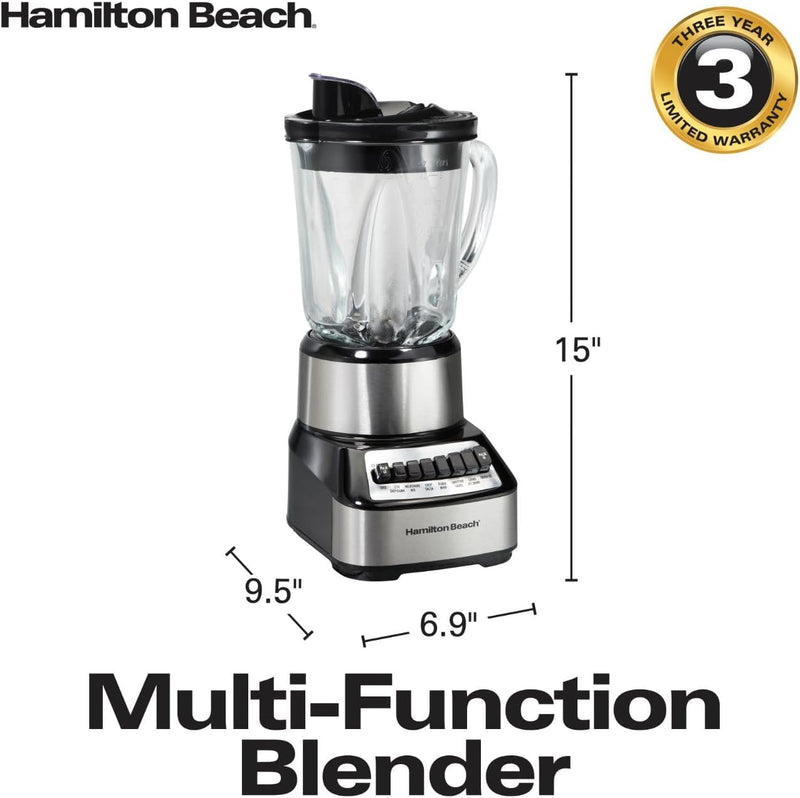 Hamilton Beach Wave Crusher Blender For Shakes and Smoothies With 40 Oz Glass Jar and 14 Functions, Ice Sabre Blades & 700 Watts for Consistently Smooth Results, Black + Stainless Steel (54221)