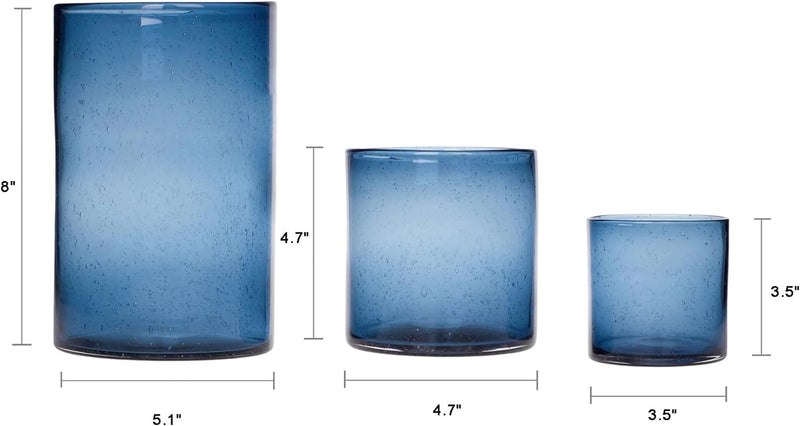 ARIAMOTION Candle Holder for Pillar Set 3 Modern Glass Bubbles Hurricane Cylinder Vases Table centerpieces Blue Home Decor Tabletop Kitchen Island Dining Room Coffee Bar 8" 5" 3.5" Height