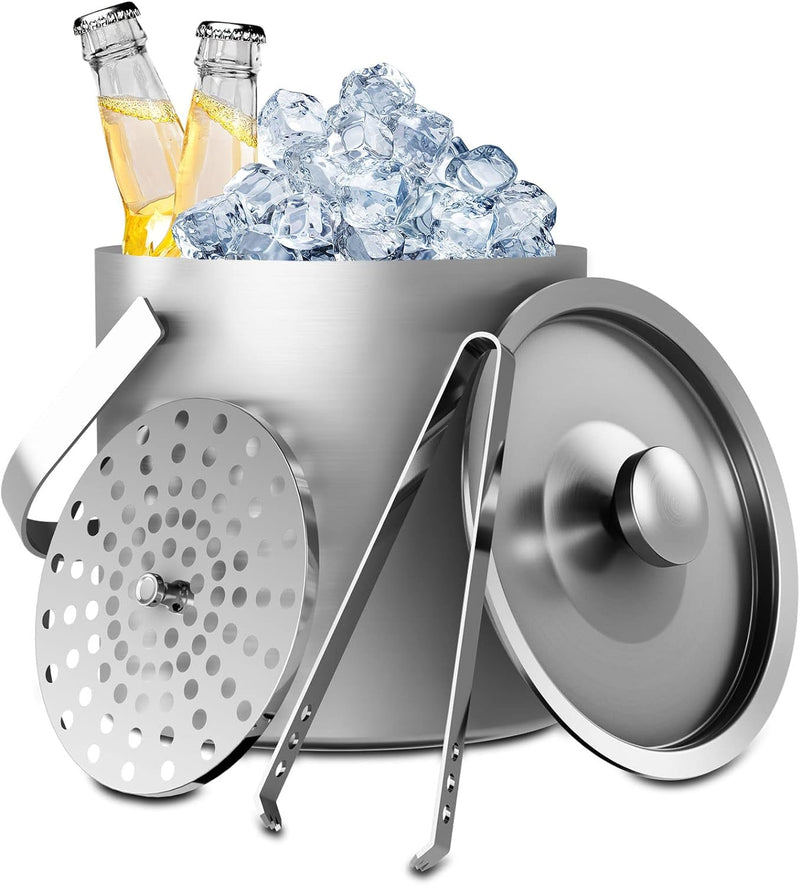 Sunmeyke Double Wall Stainless Steel Insulated Ice Bucket(1.7 Quarts), with Lid Strainer and Tongs, Great for Cocktail Bar and Parties