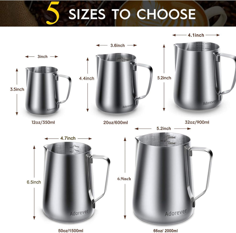 Milk Frothing Pitcher 350ml/600ml/900ml/1500ml (12oz/20oz/32oz/50oz) Steaming Pitchers Stainless Steel Milk/Coffee/Cappuccino/Latte Art Barista Steam Pitchers Milk Jug Cup with Art Pen,12oz