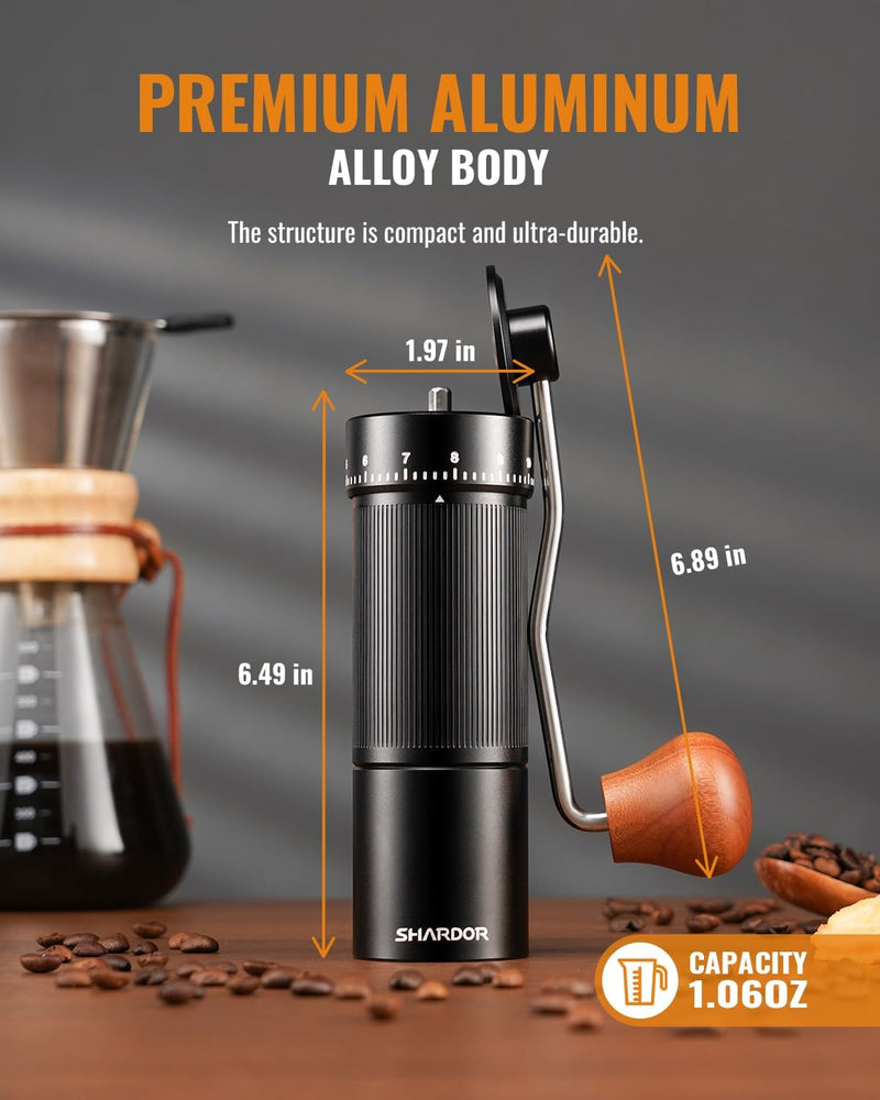 SHARDOR 918 Pro Manual Coffee Grinder Capacity 30g/1.06oz with Externally Numerical Adjustable Finely Setting Conical Burr - Aluminum Alloy Body, Double Bearing Positioning, Anti-slip Stripes