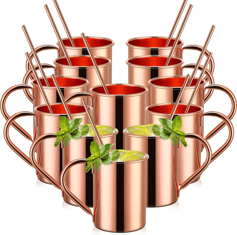 Eaasty 12 Packs Moscow Mule Cups with Straws 15 oz Hammered Copper Mugs 304 Stainless Steel Lining Mule Mugs Pure Cooper Plating Cups for Coffee Wine Wedding Birthday Party Supplies