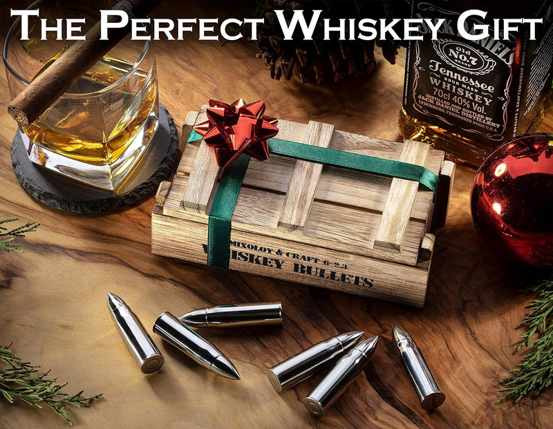 Whiskey Stone Gift Set - Stainless Steel Whiskey Stones in a Wooden Army Crate | Reusable Ice Cube for Whiskey | Whiskey Gift Set for Men, Dad, Husband, Boyfriend (Silver)