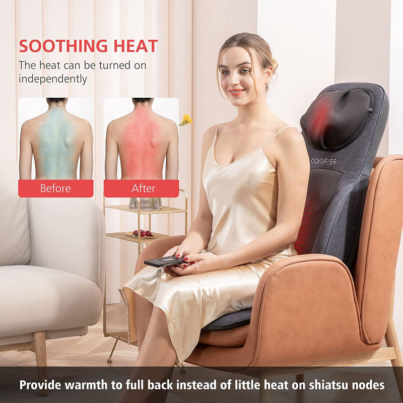 COMFIER Neck Back Massager with Heat, Height Adjustable Chair Massager Seat Cushion for Neck Shoulders, Shiatsu Massage Chair Pad for Back Support,Full Body Pain Relief,Gifts for Mom,Dad,Gray