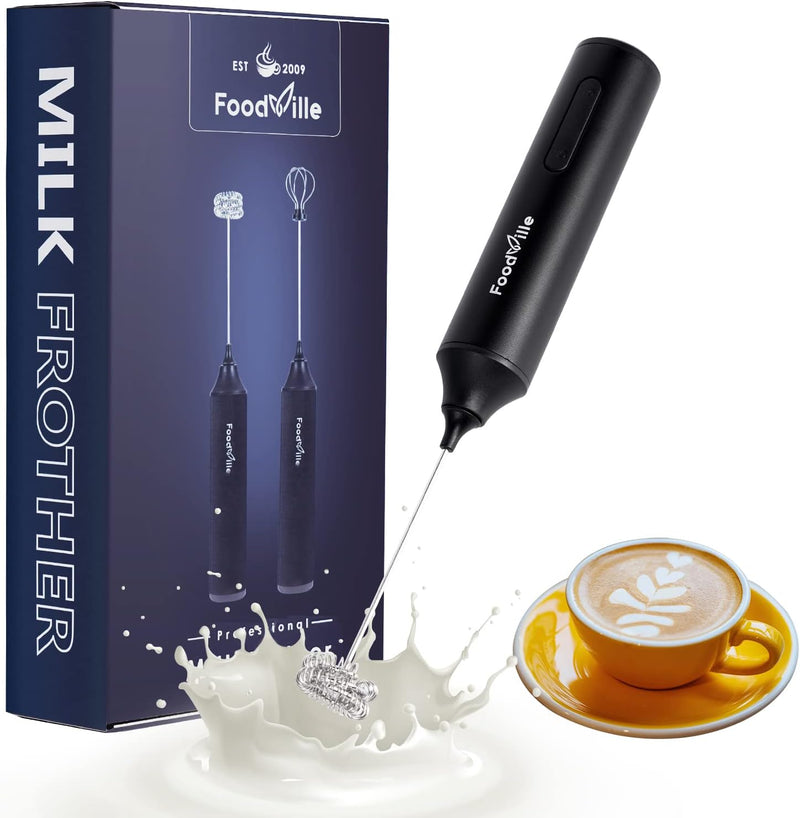 FoodVille MF05 Rechargeable Milk Frother USB Charging Handheld Foam Maker with Stainless Balloon Whisk for Cappuccino, Latte, Bulletproof Coffee, Keto Diet, Protein Powder, Matcha (White with Stand)