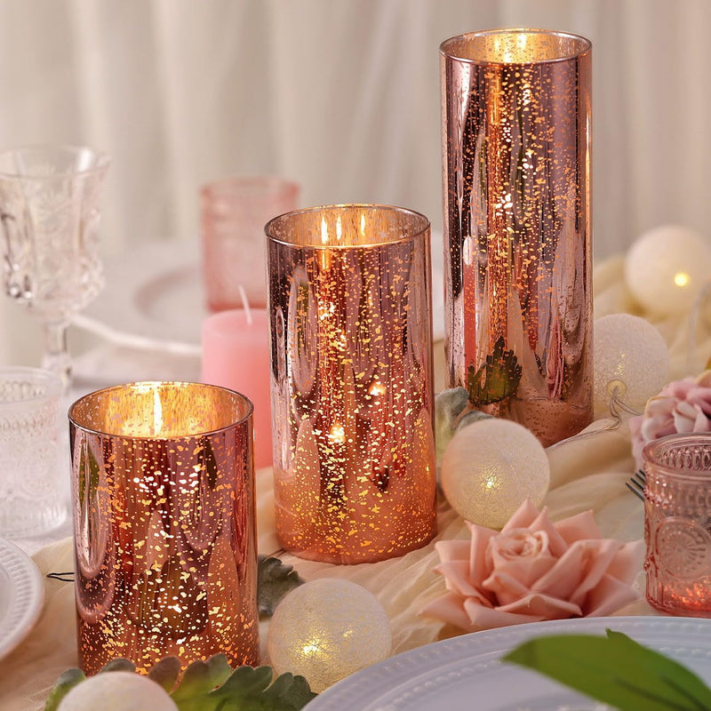 DEVI 3pcs Rose Gold Mercury Glass Candle Holders for Wedding Decor (D:3''), Hurricane Candle Holder for Bridal Shower, Cylinder Glass Vases for Centerpieces, Fall Decor, Christmas Home Table Decor,