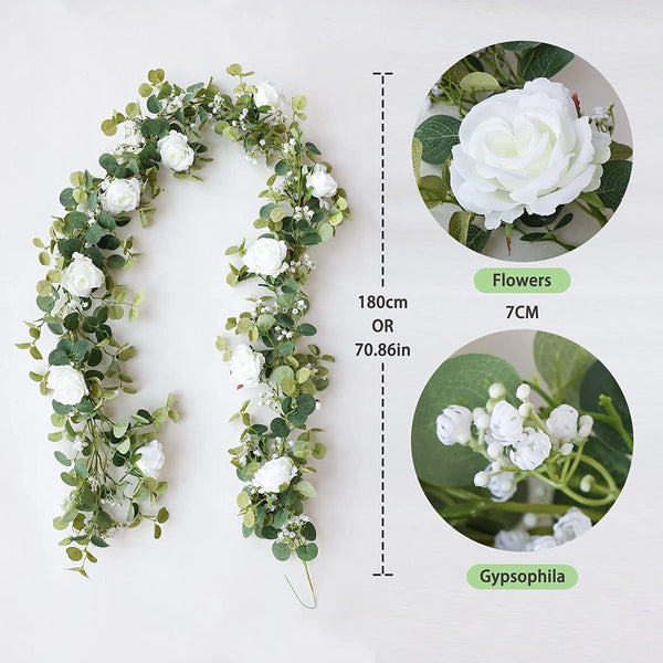 Artificial Eucalyptus Garland with Flowers and Gypsophila for Wedding and Home Decor - 591FT White