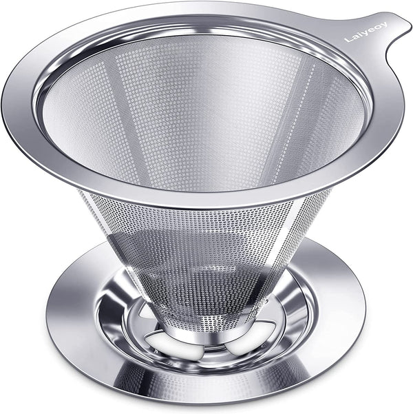 Laiyeoy Pour Over Coffee Dripper, Slow Drip Paperless Coffee Filter, Stainless Steel Pour Over Coffee Maker for Single Cup Brew, Double Mesh Design of Manual Reusable Cone Filter.