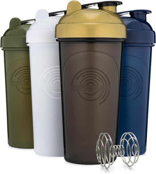 GOMOYO [4 Pack] 28 oz Shaker Bottle 4-Pack with Mixing Agitators for Protein Mixes Pack is BPA Free and Dishwasher Safe (White, Black/Gold, Moss, Navy)