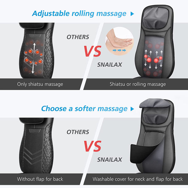 Snailax shiatsu Neck & Back Massager with Heat, Full Back Kneading Shiatsu or Rolling Massage, Massage Chair pad with Height Adjustment, Back Massager for Neck and Shoulder