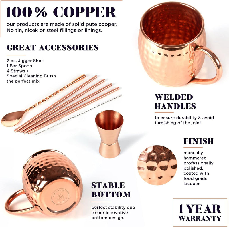 ALARUE Moscow Mule Copper Mugs Set - 4 Authentic Handcrafted Mugs (16 oz.) with 4 Copper Straws, Stirrer and Jigger - Food Safe Pure Solid Copper - Gift set with Recipe Book