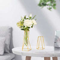 Gold Flower Vase Decorations for Living Room Geometric Glass Vase with Metal Stand, Vases for Flowers as Home Office Wedding Centerpiece (8.7 Inch)