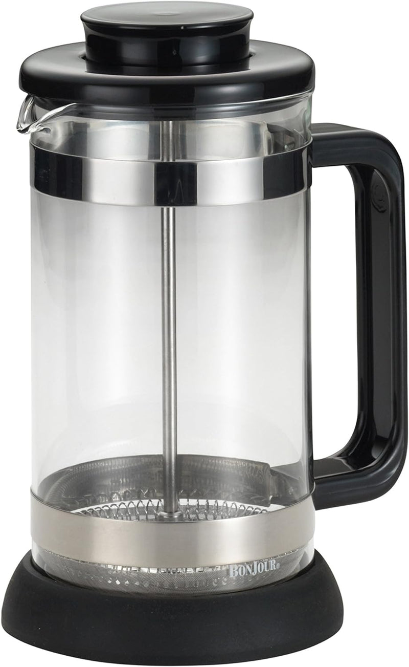 BonJour Coffee Borosilicate Glass French Press with Coaster & Scoop, 33.8-Ounce, Riviera, Black