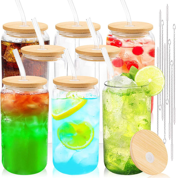 Joyclub Glass Cups with Bamboo Lids and Straws 8 Set 16 oz Reusable Iced Coffee Cup Beer Can Drinking Glasses for Smoothie Whiskey Boba Soda Tea Gift