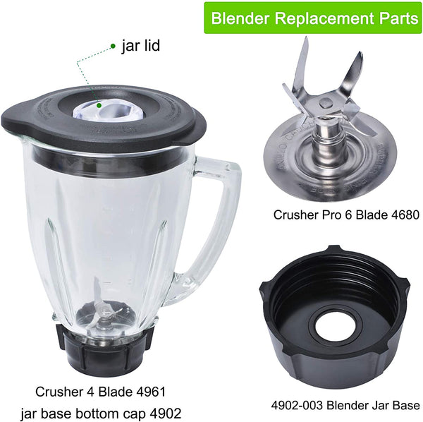 Blender Replacement Parts Compatible with Oster Osterizer, 6 Cup Glass Blender Jar, Vaso De Licuadora Oster De Vidrio with 4961 Ice Blade, 4902 Bottom Cap, Rubber Seal Rings