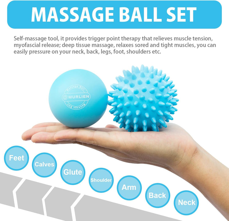 MURLIEN Massage Ball Set, Spiky Ball & Lacrosse Ball for Body Massage, Muscle Relief, Deep Tissue, Myofascial Release, Massager for Neck, Shoulder, Back, Foot or Muscle Tension (Blue)