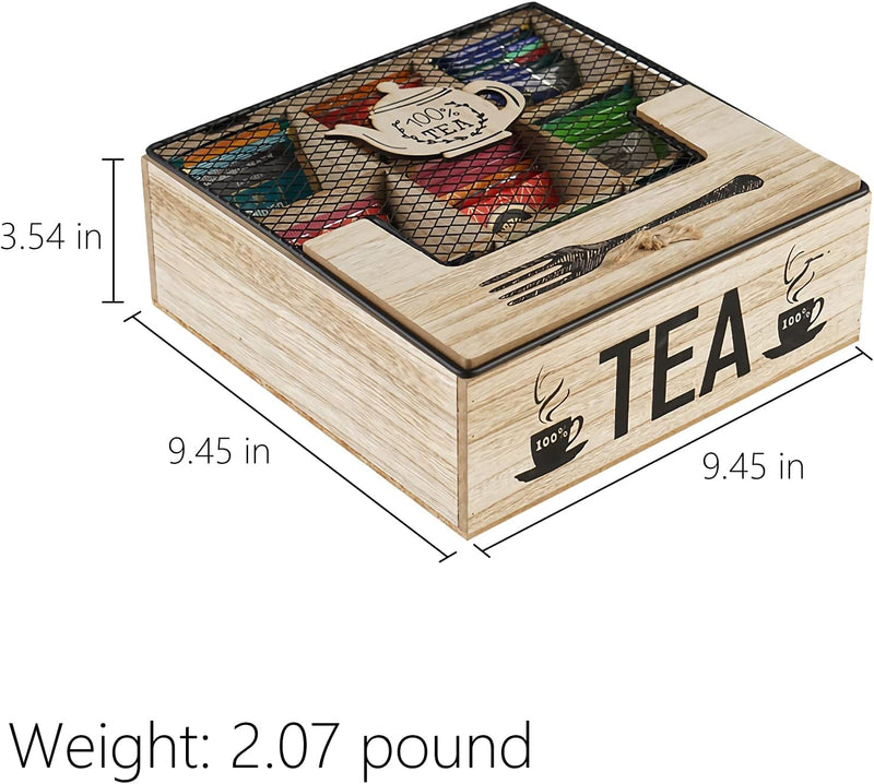 CBEYNCHOS Wooden Tea Box Storage,Tea Bag Organizer Holder for Home Restaurant Cafe Bar Party with Transparent Lid,Tea Chest,Rustic Wood,9 Compartments (Wood Color A)