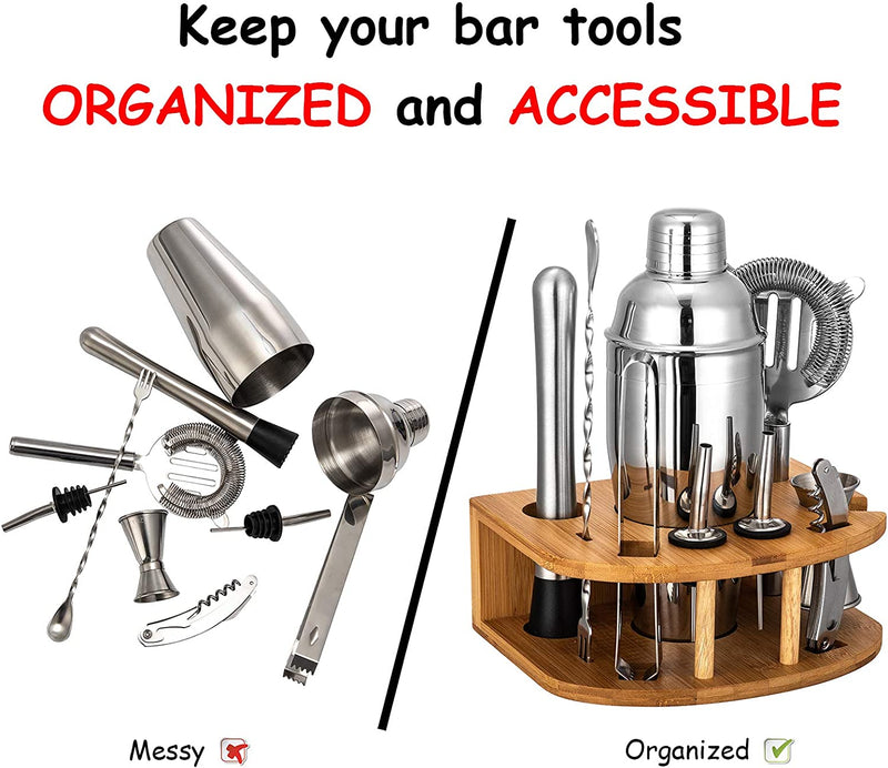 Cocktail Shaker Set with Stand | Perfect Bartender Kit for Home and Bar-Bar Tools Set: 24oz Martini Shaker, Muddler, Jigger, Strainer, Mixer Spoon, Tongs, Corkscrew, 2 Liquor Pourers, Recipes Cards