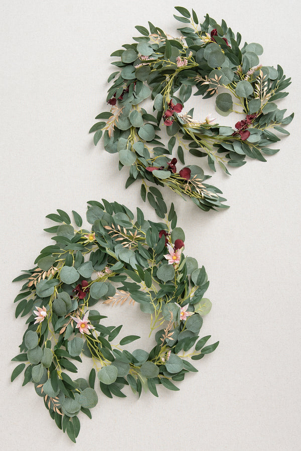 Eucalyptus and Willow Leaf Garlands with Marsala Filler Flowers - 6ft