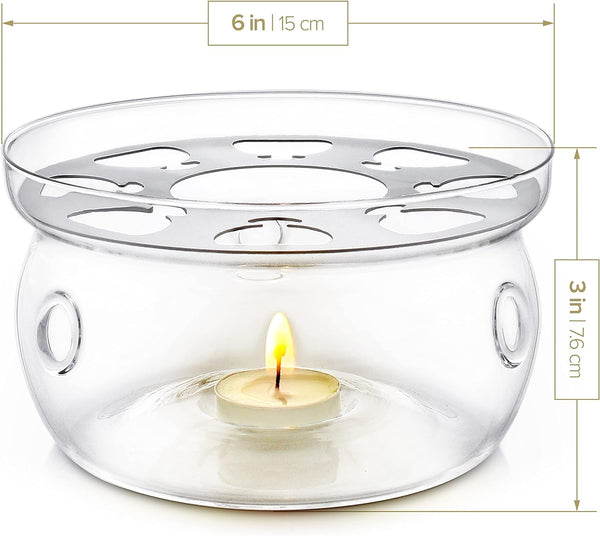 Teabloom Universal Tea Warmer (Large Size - 6 in / 15 cm Diameter) - Handcrafted with Heat Proof & Lead-Free Glass - Tealight Candle Included