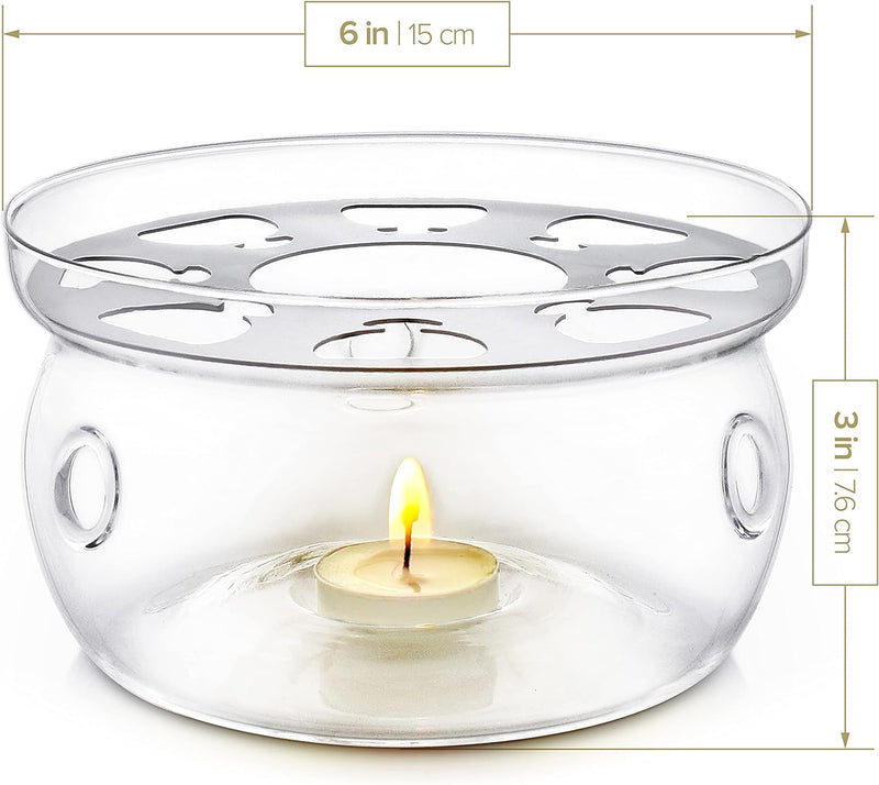 Teabloom Universal Tea Warmer (Large Size - 6 in / 15 cm Diameter) - Handcrafted with Heat Proof & Lead-Free Glass - Tealight Candle Included