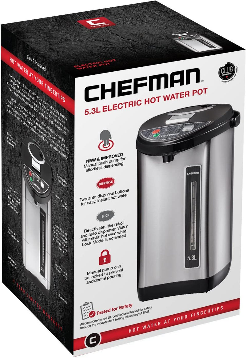 Chefman Electric Hot Water Pot Urn w/ Manual Dispense Buttons, Safety Lock, Instant Heating for Coffee & Tea, Auto-Shutoff/Boil Dry Protection, Insulated Stainless Steel, 5.3L/5.6 Qt/30+ Cups