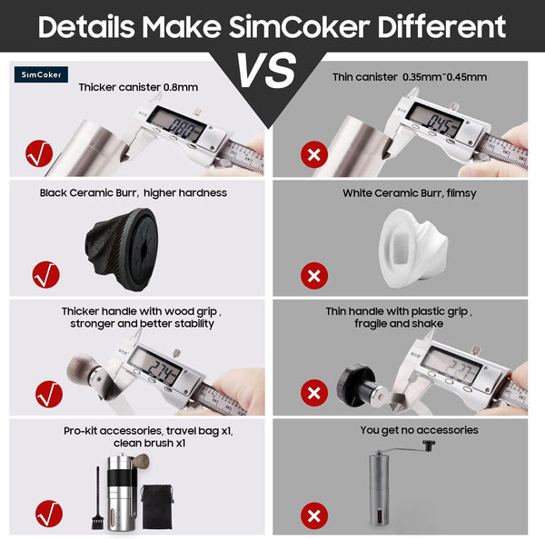 SimCoker Manual Coffee Grinder Ceramic Burrs Hand Coffee Grinder 304 Stainless Steel Compact size, Includes Cleaning Brush, Storage Pouch