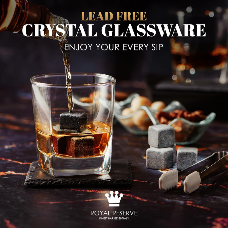 Whiskey Stones Gift Set by Royal Reserve – Artisan Crafted Scotch Bourbon Glasses, Chilling Rocks, Coasters and Tongs – Gift for Guy Men Dad Boyfriend Anniversary or Retirement