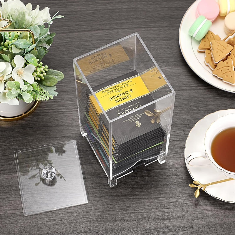 ELLDOO Tea Bag Caddy, Clear Acrylic Tea Bag Storage Organizer with Lid, Tea Bag Holder and Dispenser, Tea Accessories - Great for Tea Bars Tea Gifts