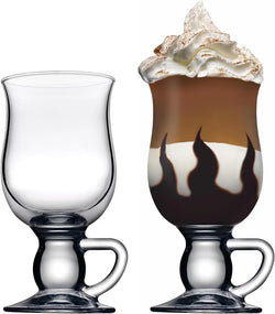 Biandeco Irish Coffee Glasses, Footed with Handles Latte Mugs, Large Hot Toddy Glass Cup Set for Coffee, Cappuccino, Ice Cream, Hot Chocolate, Hot Beverages, Set of 2, 9 oz